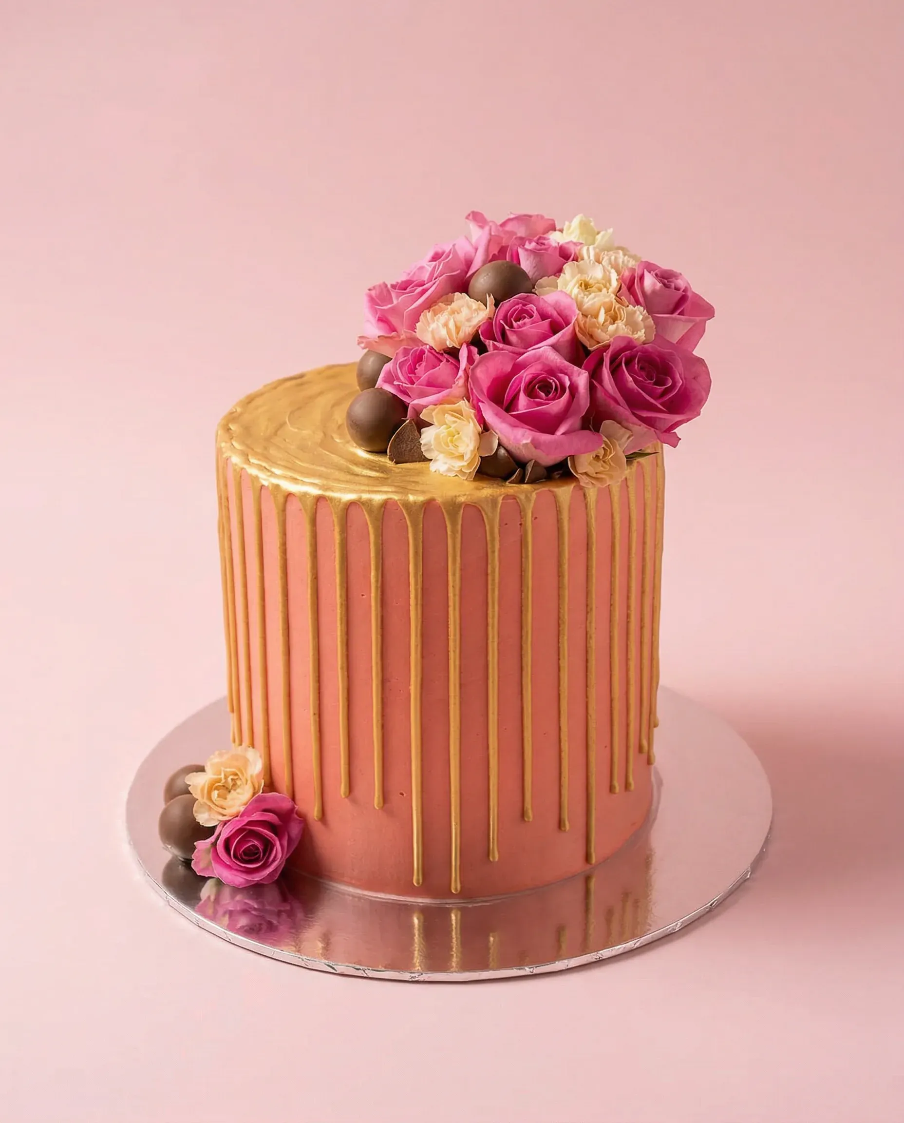 Coral pink cake with gold drip and roses