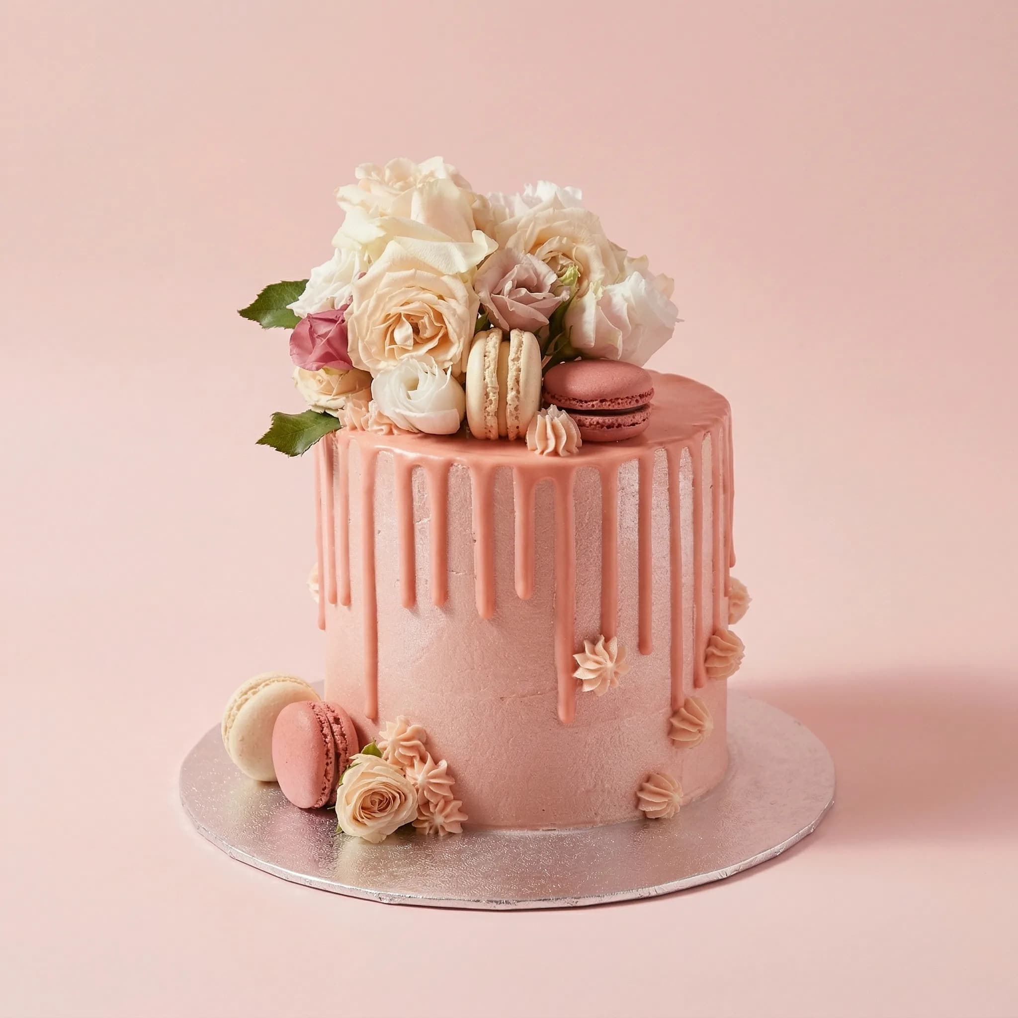 Pink shimmer floral drip cake