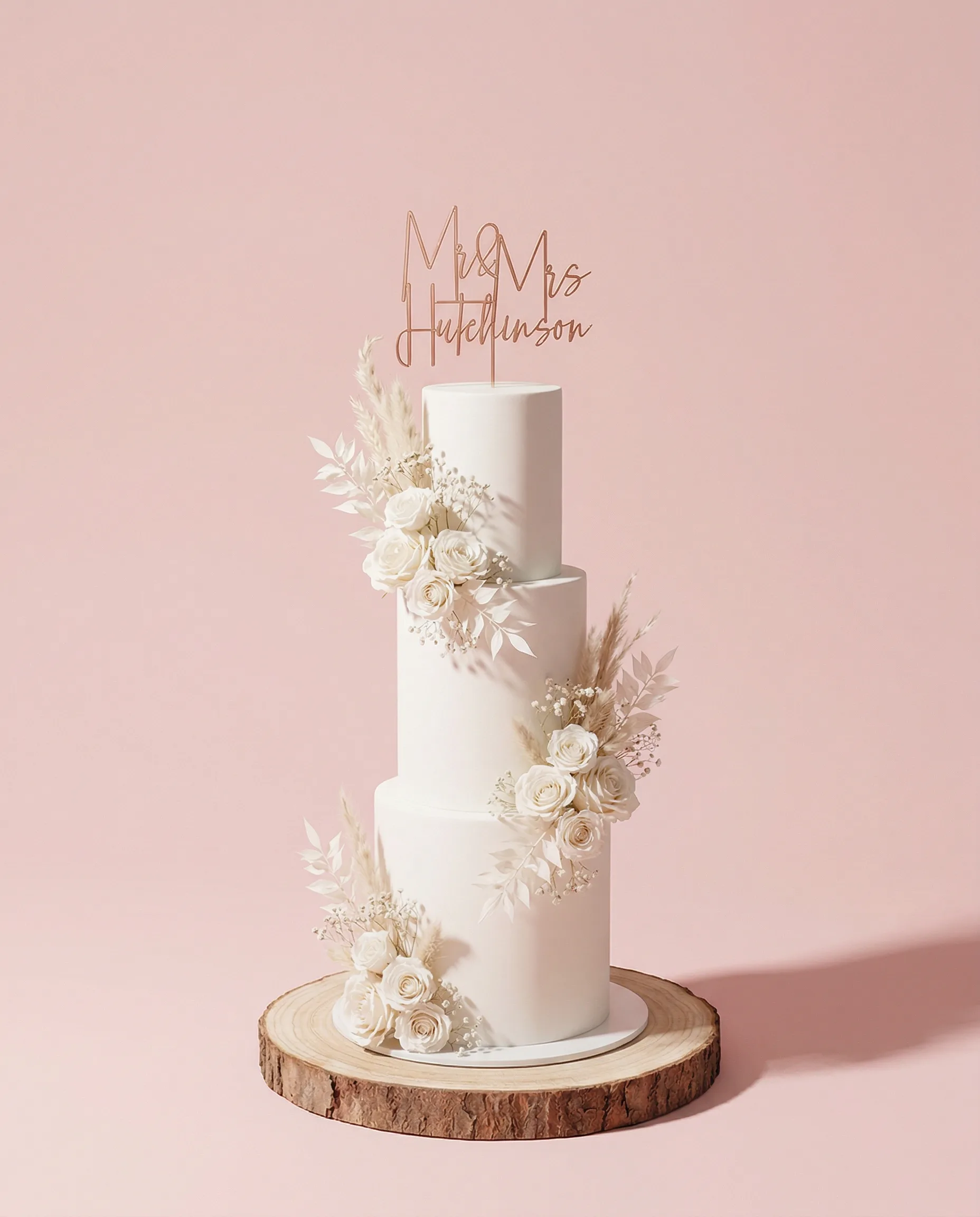 Three-tier smooth white wedding cake with boho dried flowers