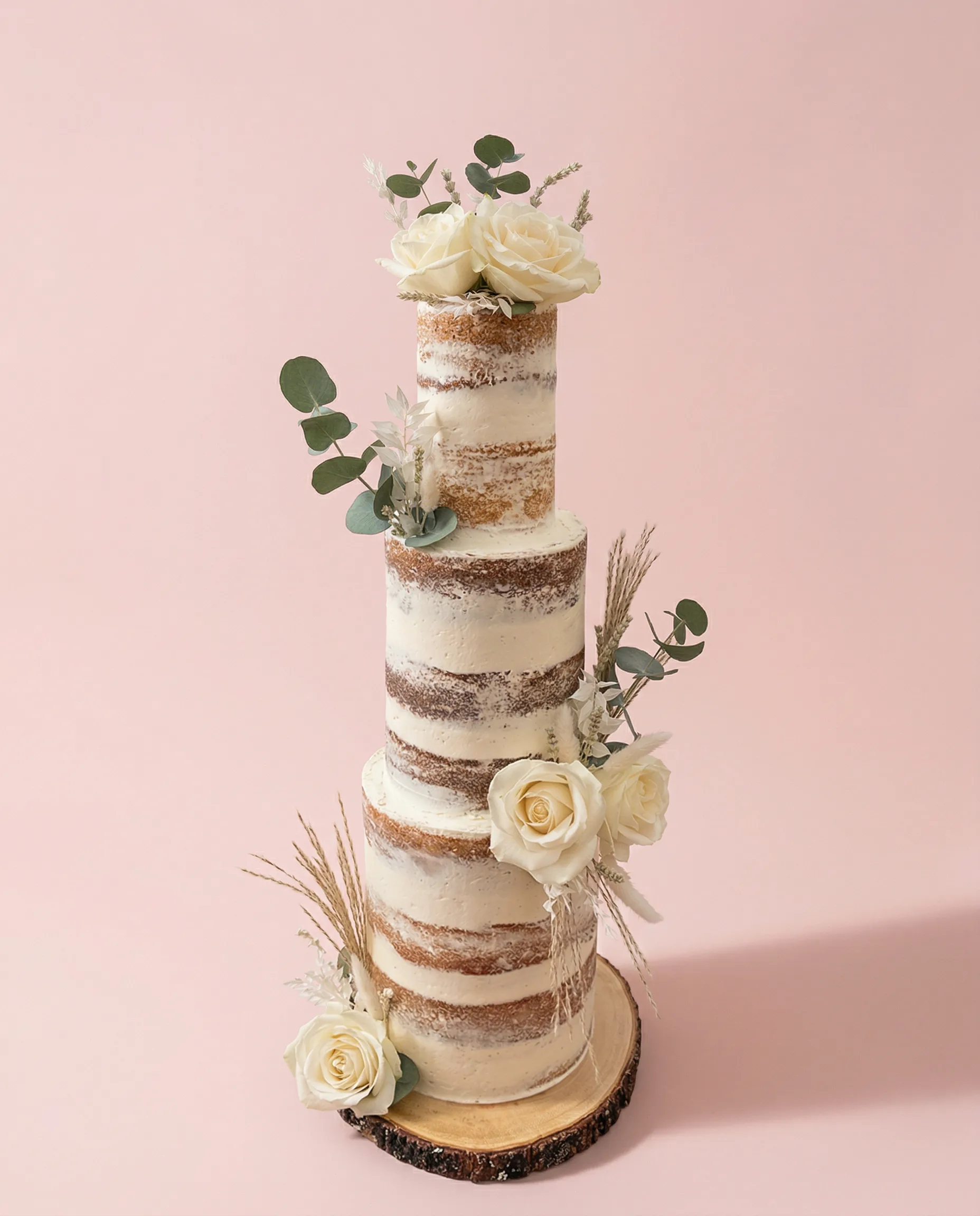 Four-tier naked wedding cake with cascading fresh roses