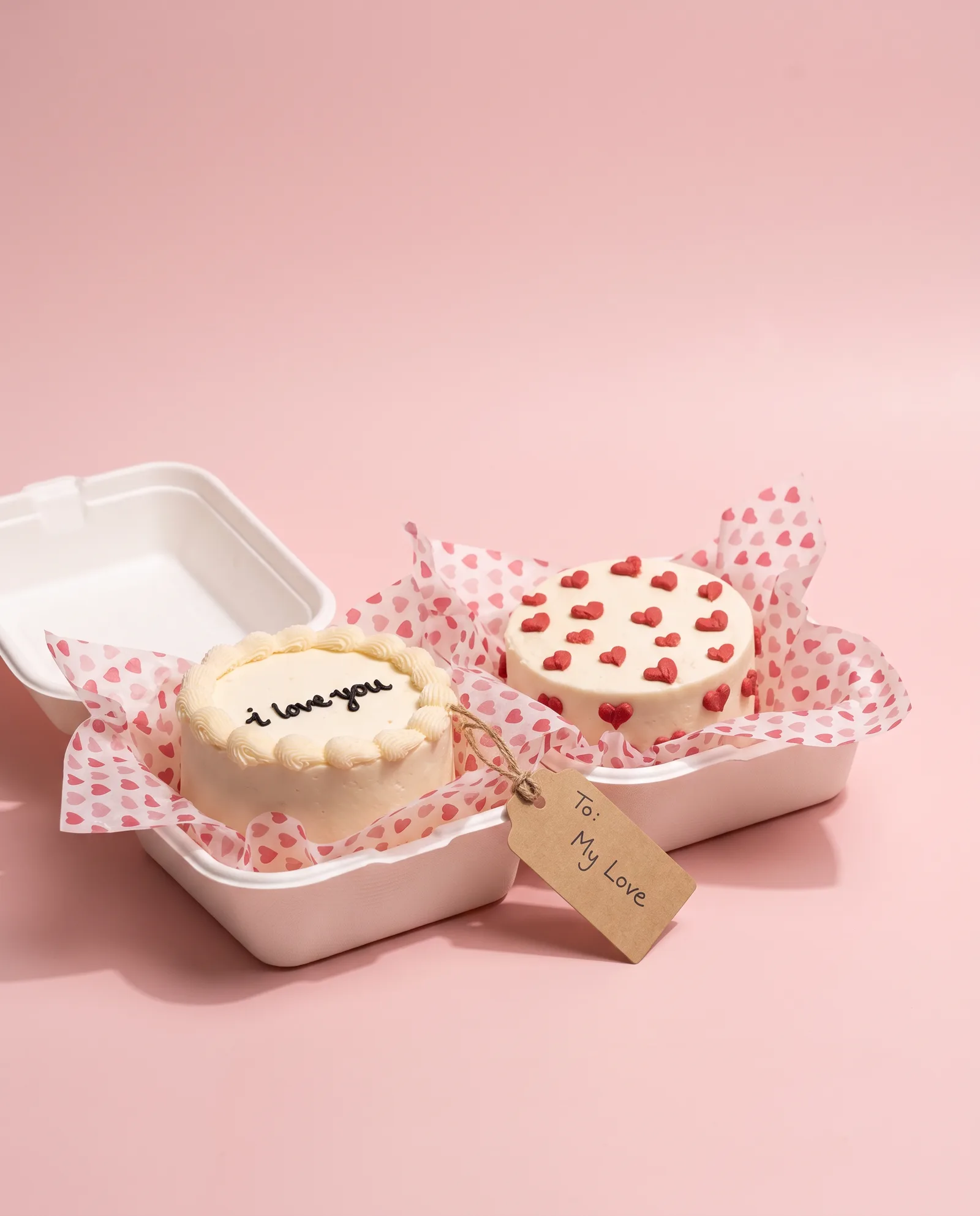 Two Valentine's i love you mini cakes